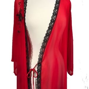 Vintage Intimates & Sleepwear - 🔖SOLD🔖 Vintage Red Sheer Rose Detail Short Robe Vintage Intimates & Sleepwear - 🔖SOLD🔖 Vintage Red Sheer Rose Detail Short Robe